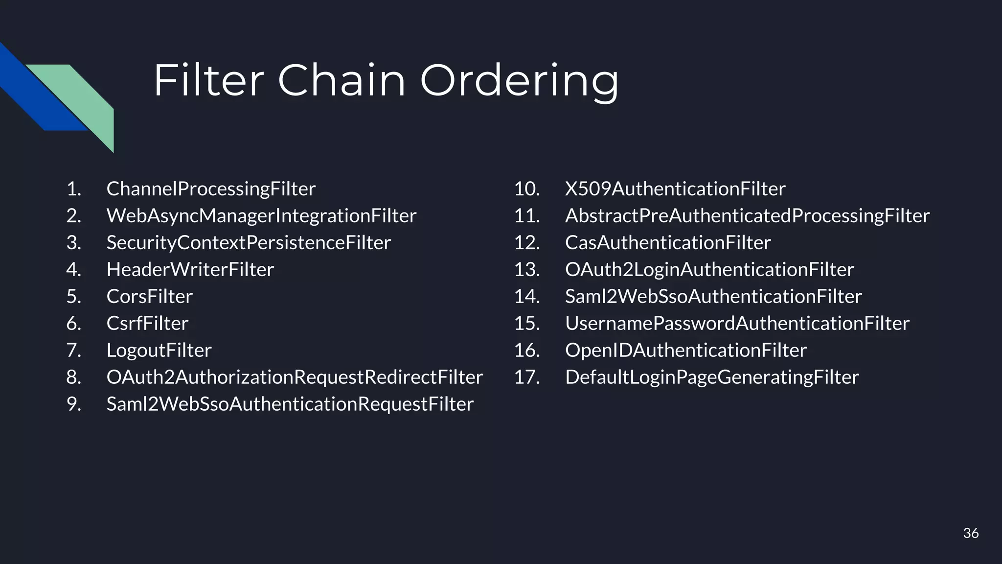 Filter Chain Ordering
1. ChannelProcessingFilter
2. WebAsyncManagerIntegrationFilter
3. SecurityContextPersistenceFilter
4. HeaderWriterFilter
5. CorsFilter
6. CsrfFilter
7. LogoutFilter
8. OAuth2AuthorizationRequestRedirectFilter
9. Saml2WebSsoAuthenticationRequestFilter
10. X509AuthenticationFilter
11. AbstractPreAuthenticatedProcessingFilter
12. CasAuthenticationFilter
13. OAuth2LoginAuthenticationFilter
14. Saml2WebSsoAuthenticationFilter
15. UsernamePasswordAuthenticationFilter
16. OpenIDAuthenticationFilter
17. DefaultLoginPageGeneratingFilter
36
 