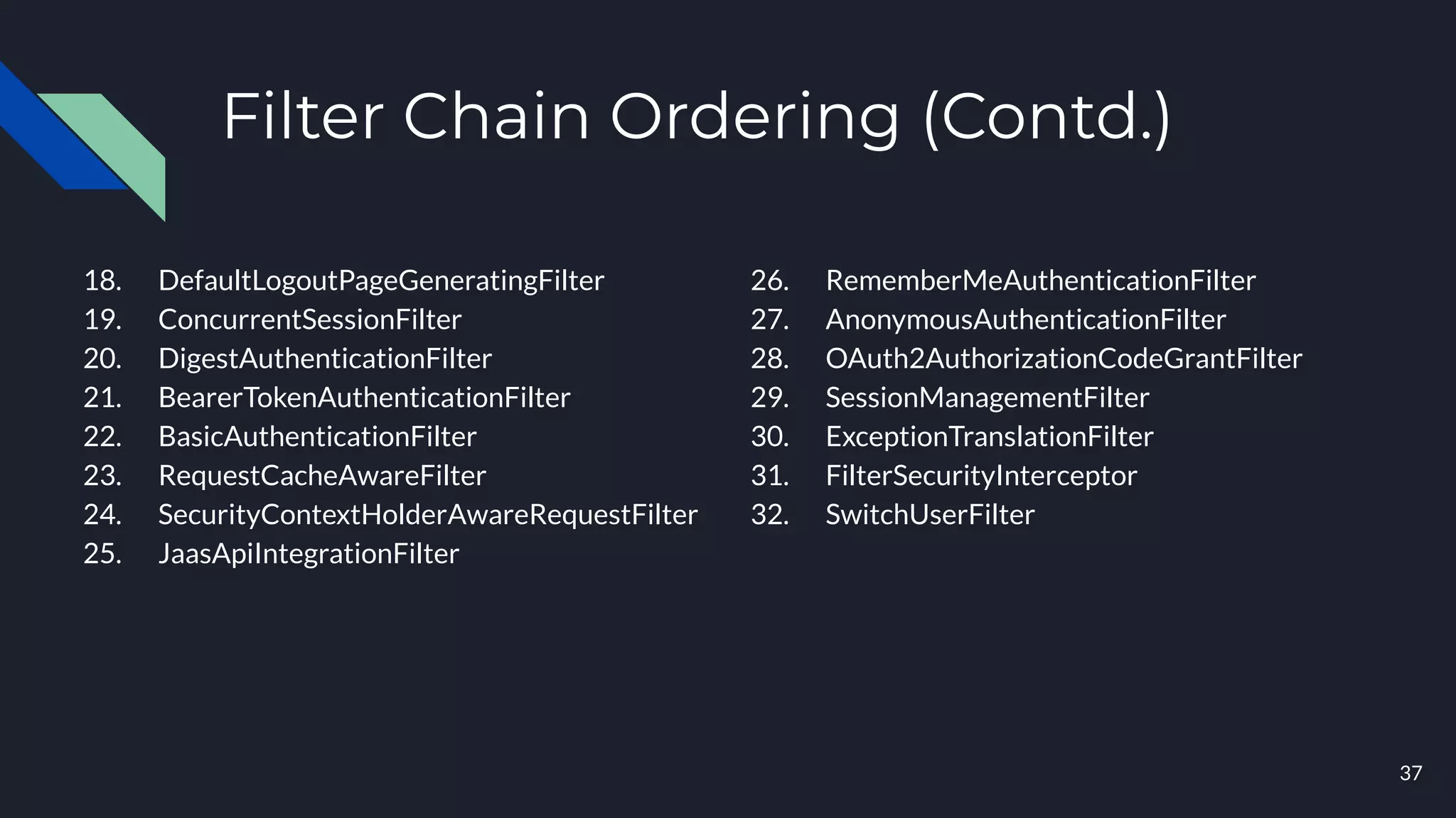 Filter Chain Ordering (Contd.)
18. DefaultLogoutPageGeneratingFilter
19. ConcurrentSessionFilter
20. DigestAuthenticationFilter
21. BearerTokenAuthenticationFilter
22. BasicAuthenticationFilter
23. RequestCacheAwareFilter
24. SecurityContextHolderAwareRequestFilter
25. JaasApiIntegrationFilter
26. RememberMeAuthenticationFilter
27. AnonymousAuthenticationFilter
28. OAuth2AuthorizationCodeGrantFilter
29. SessionManagementFilter
30. ExceptionTranslationFilter
31. FilterSecurityInterceptor
32. SwitchUserFilter
37
 
