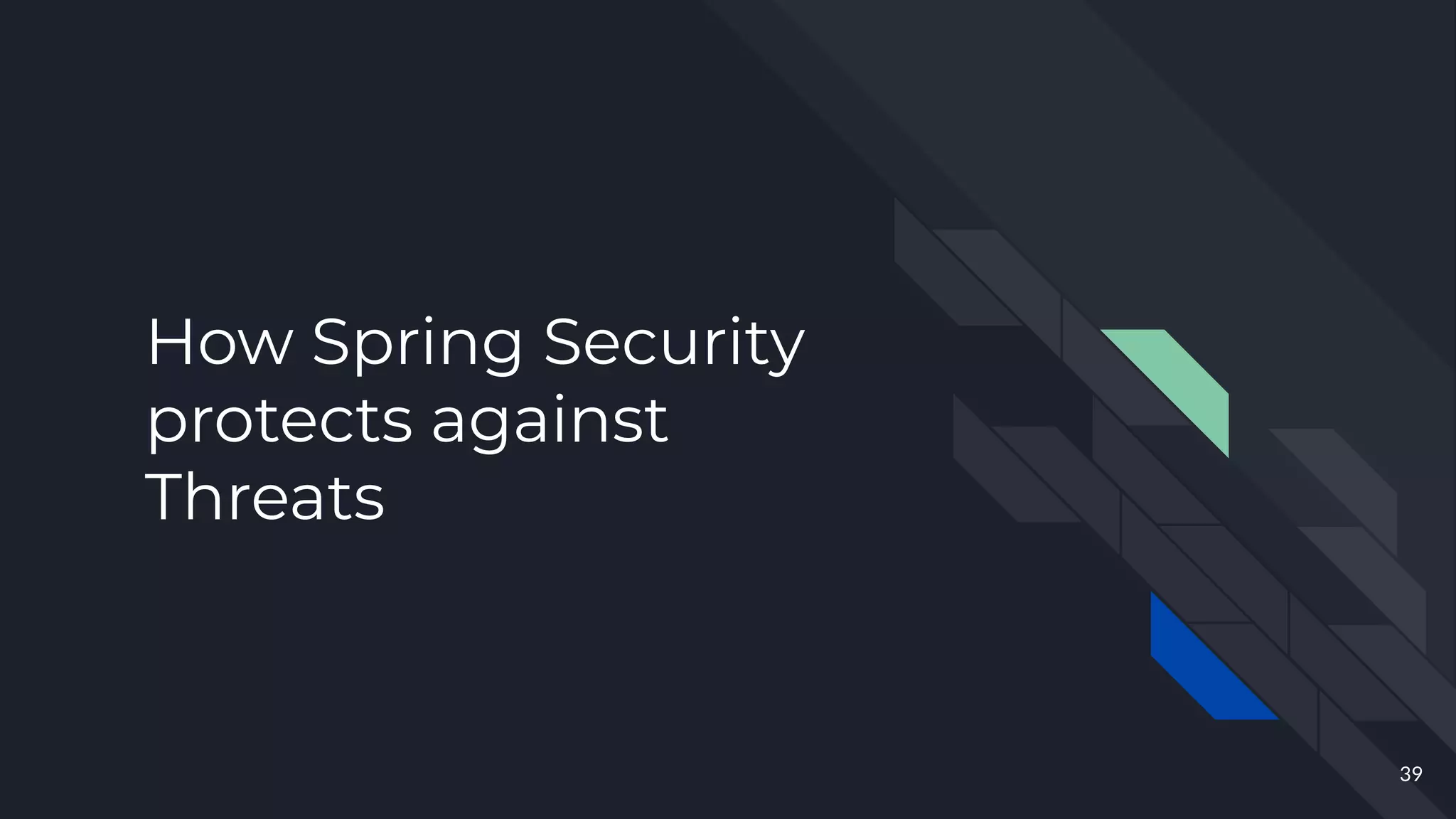 How Spring Security
protects against
Threats
39
 