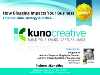 How Blogging Impacts Your Business Empirical data, strategy & tactics. . .  Twitter:  #KunoBlog Presented by: Douglas Karr Author of Corporate Blogging for Dummies, and Chris Knipper, President of Kuno Creative @douglasskarr @chrisknipper 