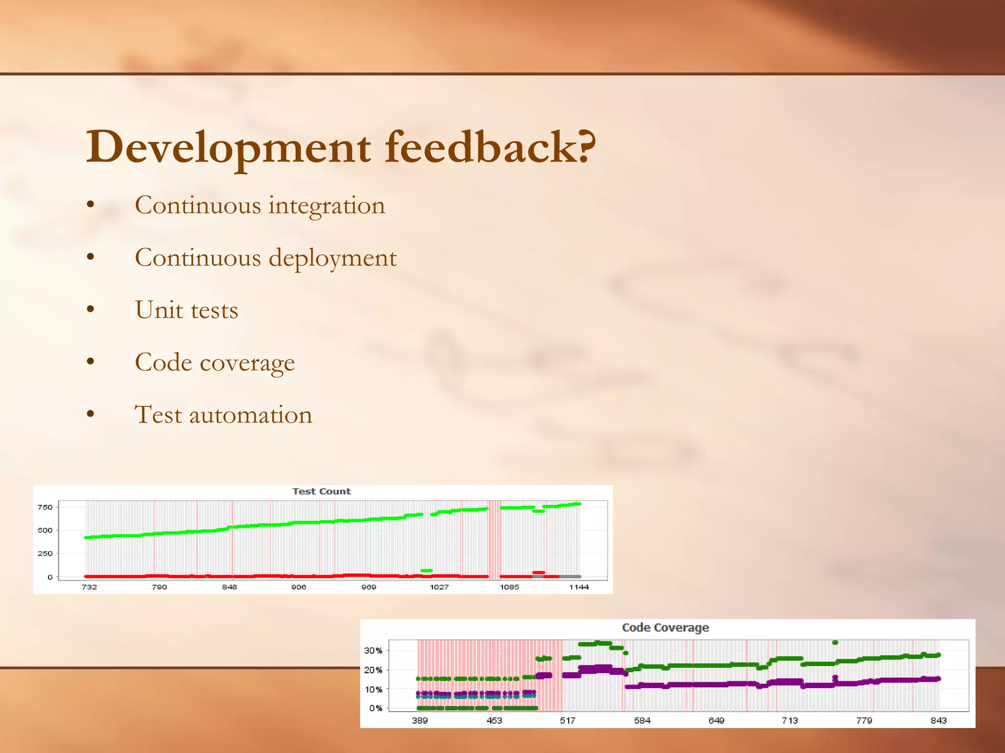 Development feedback? Continuous integration Continuous deployment Unit tests Code coverage Test automation 
