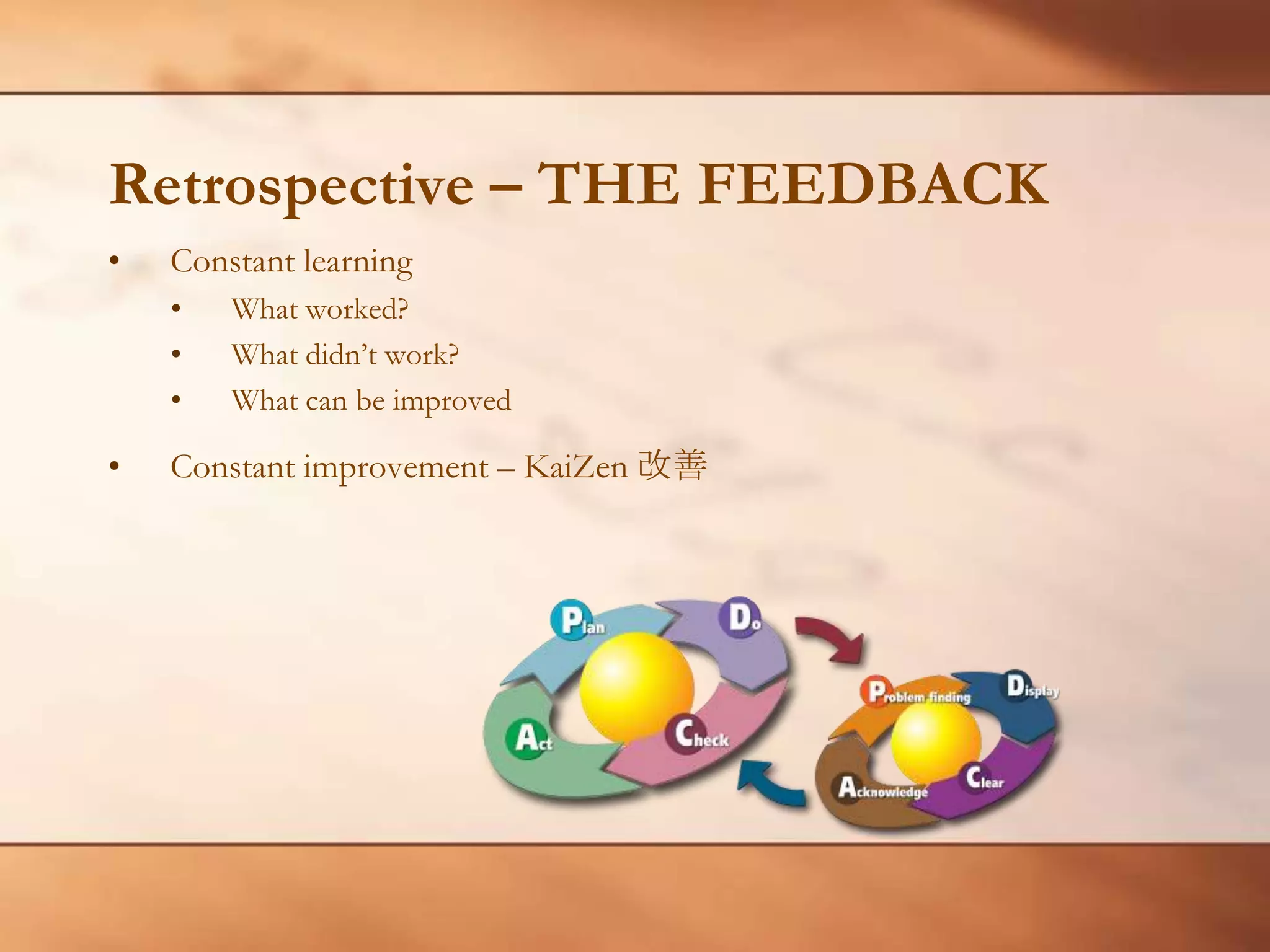 Retrospective – THE FEEDBACKConstant learningWhat worked?What didn’t work?What can be improvedConstant improvement – KaiZen改善
