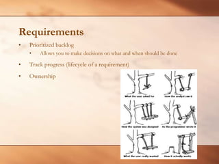 RequirementsPrioritized backlogAllows you to make decisions on what and when should be doneTrack progress (lifecycle of a requirement)Ownership