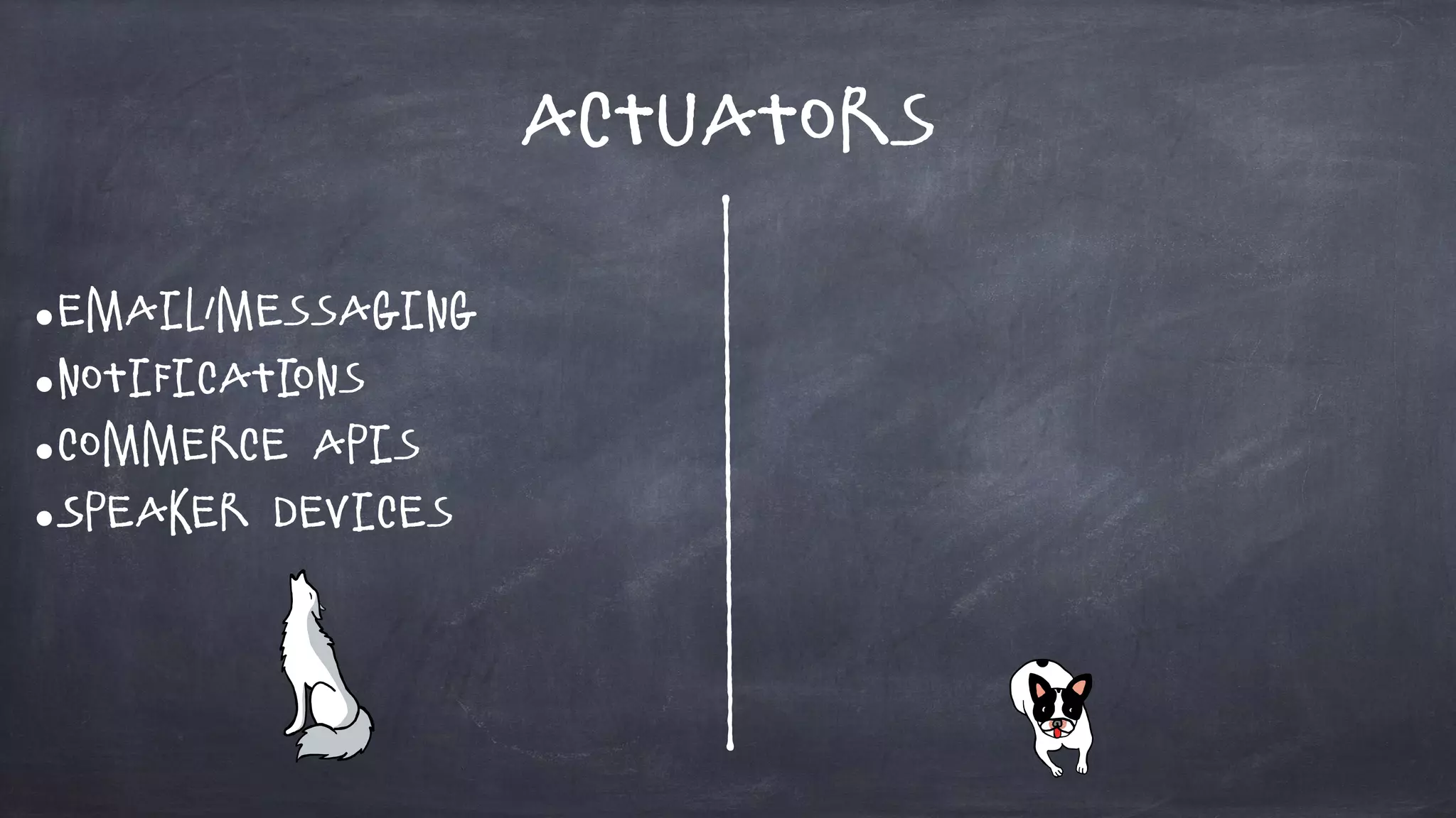 Actuators
•Email/Messaging
•Notifications
•Commerce APIs
•Speaker devices
 