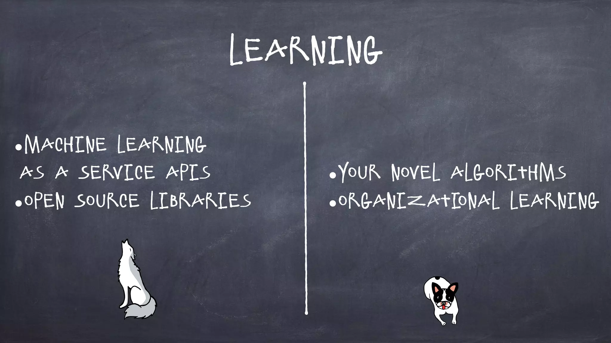 Learning
•Machine Learning
as a Service APIs
•Open Source Libraries
•Your novel Algorithms
•Organizational Learning
 