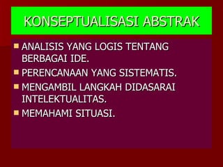 KONSEPTUALISASI ABSTRAK ANALISIS YANG LOGIS TENTANG BERBAGAI IDE. PERENCANAAN YANG SISTEMATIS. MENGAMBIL LANGKAH DIDASARAI INTELEKTUALITAS. MEMAHAMI SITUASI. 