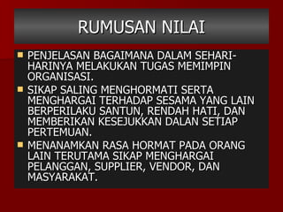 RUMUSAN NILAI PENJELASAN BAGAIMANA DALAM SEHARI-HARINYA MELAKUKAN TUGAS MEMIMPIN ORGANISASI. SIKAP SALING MENGHORMATI SERTA MENGHARGAI TERHADAP SESAMA YANG LAIN BERPERILAKU SANTUN, RENDAH HATI, DAN MEMBERIKAN KESEJUKKAN DALAN SETIAP PERTEMUAN. MENANAMKAN RASA HORMAT PADA ORANG LAIN TERUTAMA SIKAP MENGHARGAI PELANGGAN, SUPPLIER, VENDOR, DAN MASYARAKAT. 