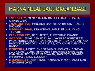 MAKNA NILAI BAGI ORGANISASI INTEGRITY , MENANAMKAN RASA HORMAT KEPADA ORANG LAIN. IMAGINATIVE , MENJAGA DAN MELANJUTKAN TRADISI INOVASI. KESUNGGUHAN , KEYAKINAN UNTUK SELALU YANG TERBAIK. FLEXCIBILITY , RESILIENCE, MASTERING CHANGE. WISDOM ,  SIKAP DAN PERILAKU YANG BERORIENTASI PADA PRINSIP KESEIMBANGAN / KEHARMONISAN ANTARA RASIONALISASI DAN MORALITAS, OTAK KIRI DAN OTAK KANAN. BERETIKA , MENYELENGGARAKAN KEGIATAN DENGAN JUJUR DAN TULUS, MENJAMIN PERLAKUAN YANG ADIL DAN SAMA TERHADAP KARYAWAN, DAN MENYEDIAKAN INFORMASI YANG LENGKAP. RESPONSIVE , MENGENALI HARAPAN MASYARAKAT DAN MEMENUHI JANJI 