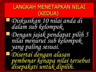 LANGKAH MENETAPKAN NILAI (KEDUA)   Diskusikan 10 nilai anda di dalam sub kelompok. Dengan jajak pendapat pilih 5 nilai menurut sub kelompok yang paling sesuai. Disertai dengan alasan pembenar kenapa nilai tersebut disepakati untuk dipilih. 