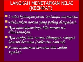 LANGKAH MENETAPKAN NILAI (KEEMPAT)   5 nilai kelompok besar tentukan normanya. Diskusikan norma yang paling disepakati. Apa konsekuensinya bila norma itu dilaksanakan. Apa sanksi bila norma dilanggar, sebagai kontrol bersama (collective control). Susun komitmen bersama bila sudah sepakat. 