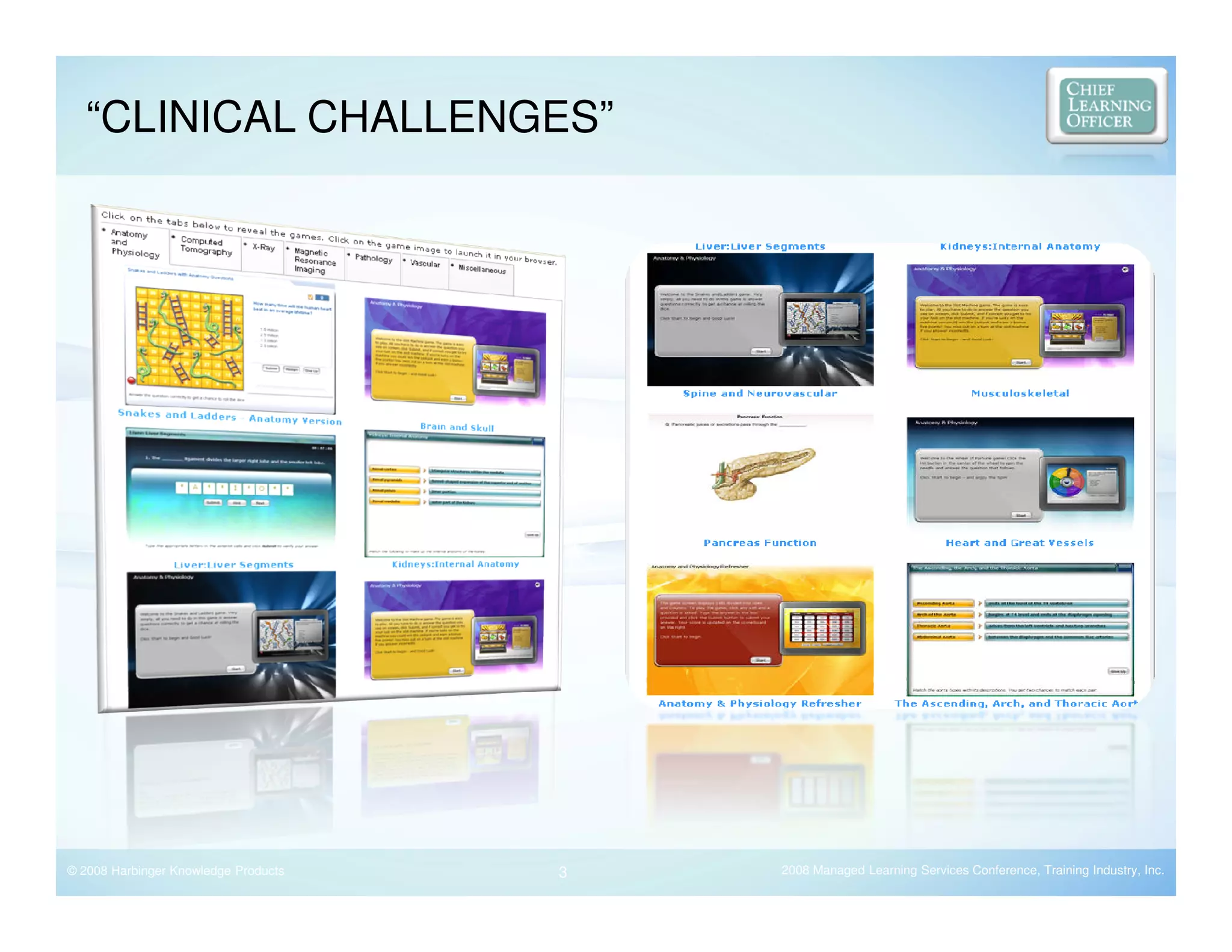 “CLINICAL CHALLENGES”




© 2008 Harbinger Knowledge Products   3   2008 Managed Learning Services Conference, Training Industry, Inc.
 