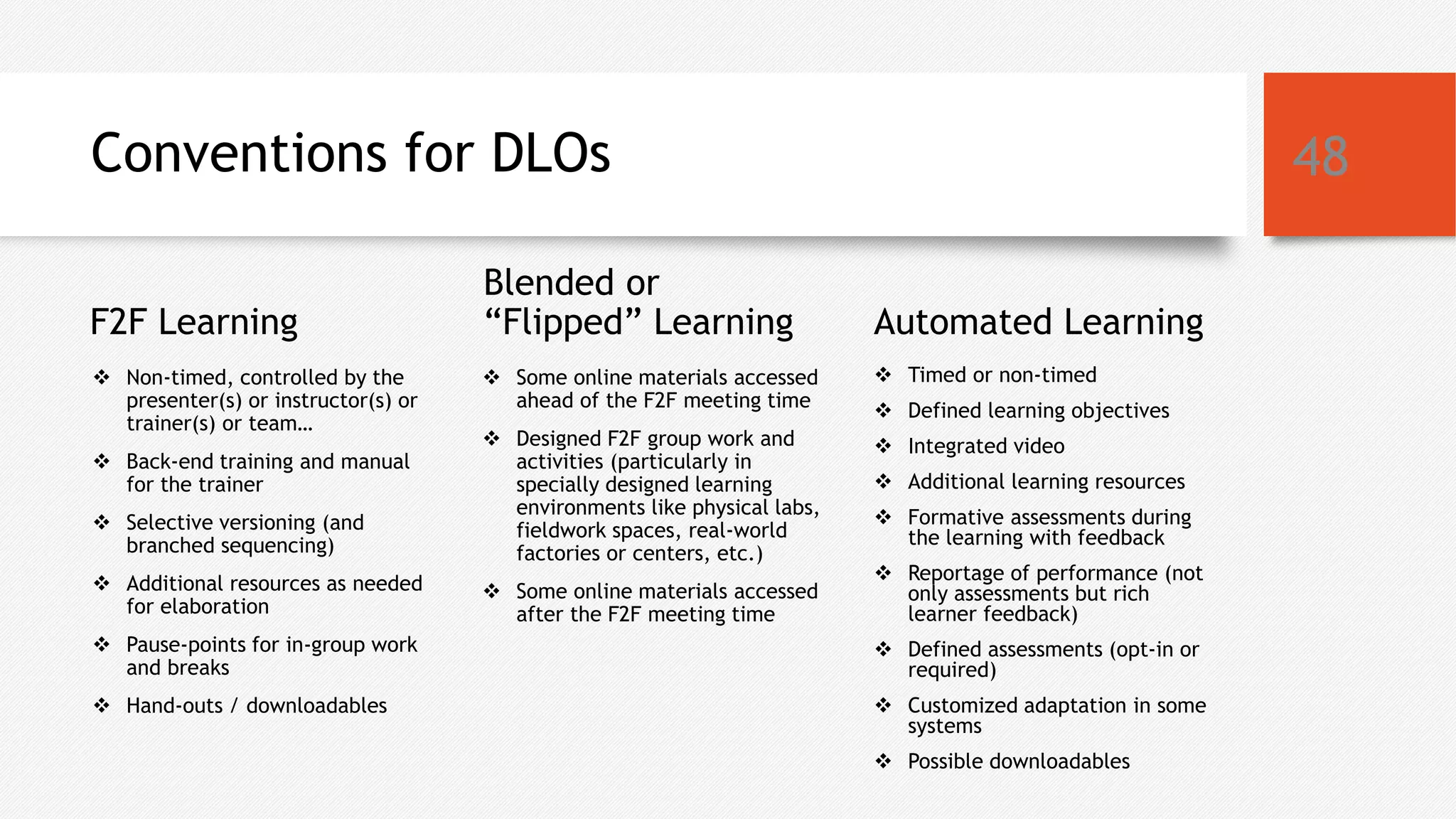 Conventions for DLOs
F2F Learning
 Non-timed, controlled by the
presenter(s) or instructor(s) or
trainer(s) or team…
 Back-end training and manual
for the trainer
 Selective versioning (and
branched sequencing)
 Additional resources as needed
for elaboration
 Pause-points for in-group work
and breaks
 Hand-outs / downloadables
Blended or
“Flipped” Learning
 Some online materials accessed
ahead of the F2F meeting time
 Designed F2F group work and
activities (particularly in
specially designed learning
environments like physical labs,
fieldwork spaces, real-world
factories or centers, etc.)
 Some online materials accessed
after the F2F meeting time
Automated Learning
 Timed or non-timed
 Defined learning objectives
 Integrated video
 Additional learning resources
 Formative assessments during
the learning with feedback
 Reportage of performance (not
only assessments but rich
learner feedback)
 Defined assessments (opt-in or
required)
 Customized adaptation in some
systems
 Possible downloadables
48
 
