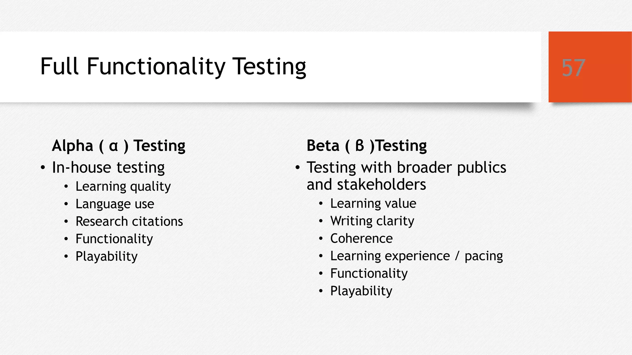 Full Functionality Testing
Alpha ( α ) Testing
• In-house testing
• Learning quality
• Language use
• Research citations
• Functionality
• Playability
Beta ( β )Testing
• Testing with broader publics
and stakeholders
• Learning value
• Writing clarity
• Coherence
• Learning experience / pacing
• Functionality
• Playability
57
 