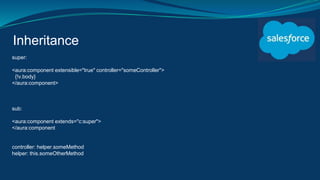 Inheritance
super:
<aura:component extensible="true" controller="someController">
{!v.body}
</aura:component>
sub:
<aura:component extends="c:super">
</aura:component
controller: helper.someMethod
helper: this.someOtherMethod
 