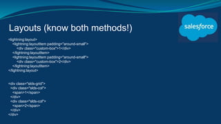 Layouts (know both methods!)
<lightning:layout>
<lightning:layoutItem padding="around-small">
<div class="custom-box">1</div>
</lightning:layoutItem>
<lightning:layoutItem padding="around-small">
<div class="custom-box">2</div>
</lightning:layoutItem>
</lightning:layout>
<div class="slds-grid">
<div class="slds-col">
<span>1</span>
</div>
<div class="slds-col">
<span>2</span>
</div>
</div>
 
