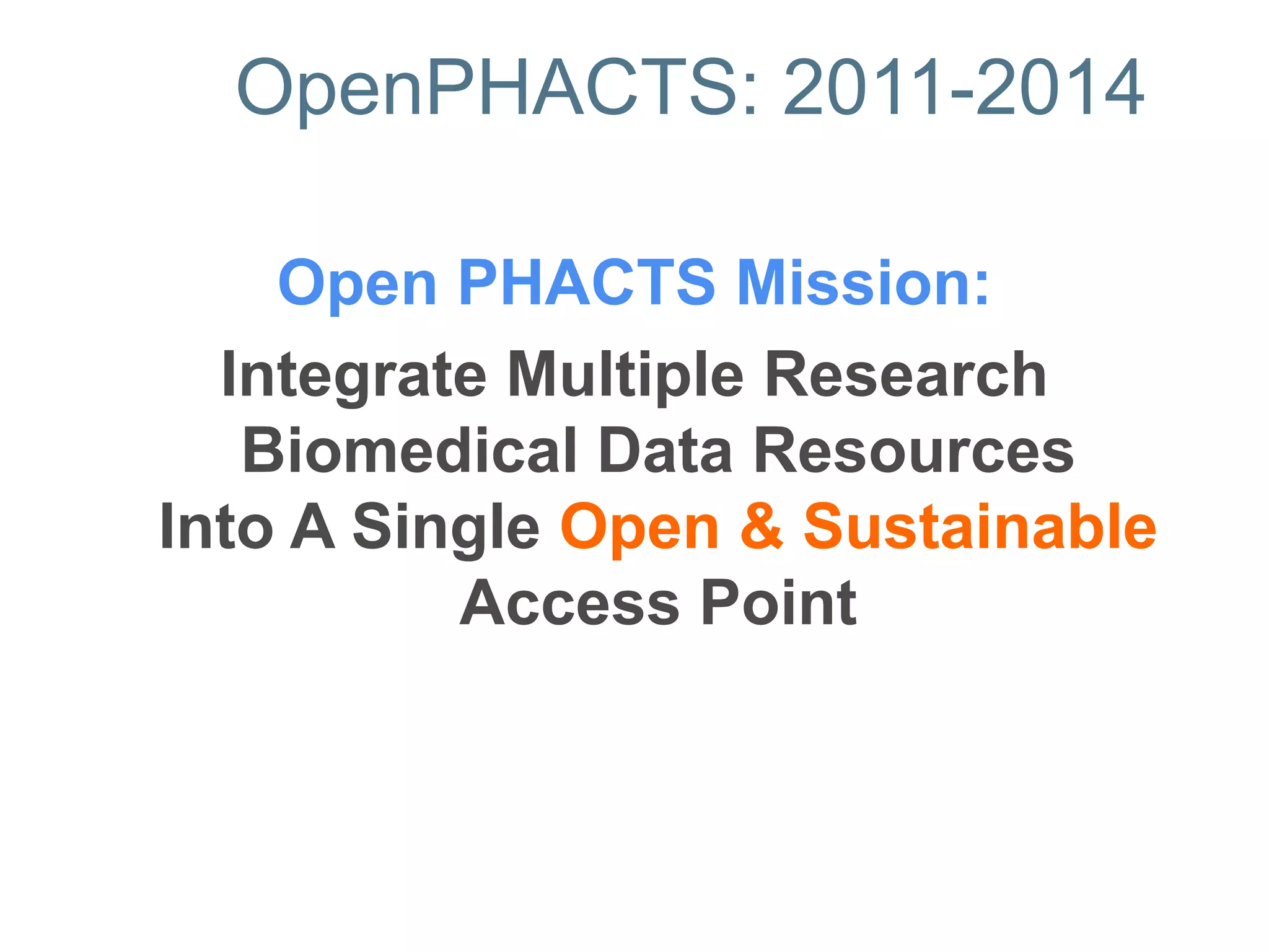 Open PHACTS Mission:
Integrate Multiple Research
Biomedical Data Resources
Into A Single Open & Sustainable
Access Point
OpenPHACTS: 2011-2014
 