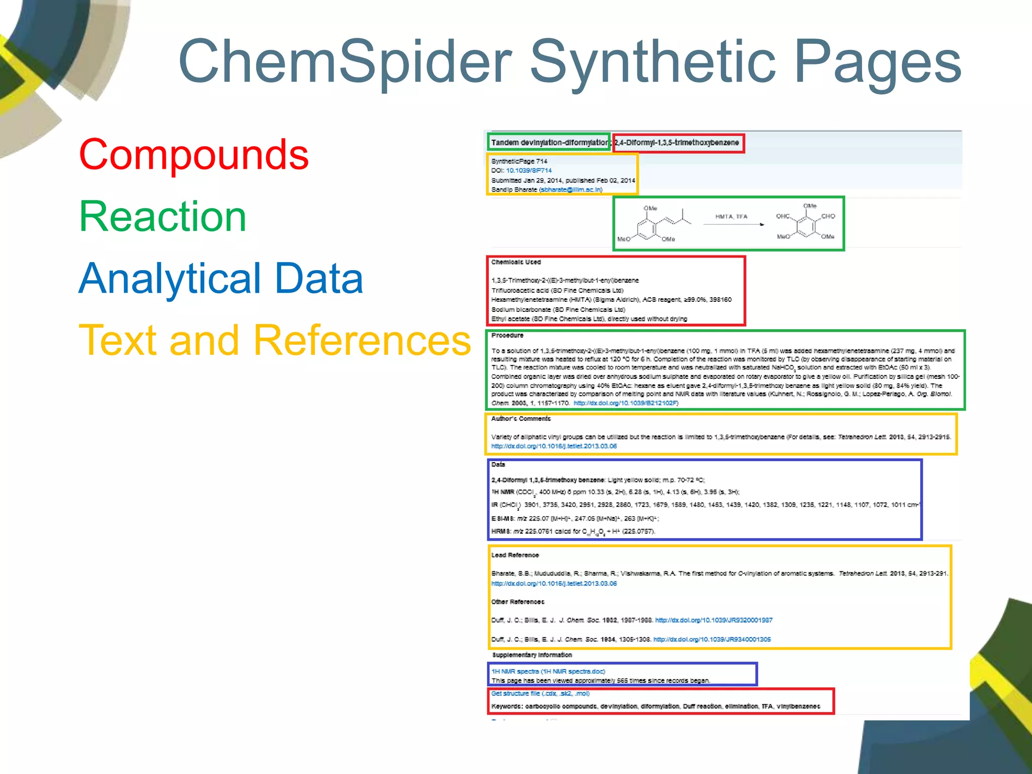 ChemSpider Synthetic Pages
Compounds
Reaction
Analytical Data
Text and References
 