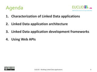 Agenda
1. Characterization of Linked Data applications
2. Linked Data application architecture
3. Linked Data application ...