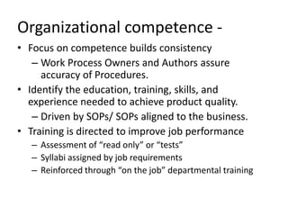 HR making a difference:HR can identify where training exists and suggest embedding compliance training, e.g. – Orientation: present an overview  In Leadership Development courses, prepare managers to support the Quality initiatives.