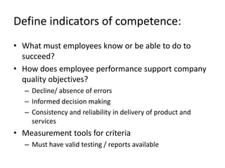 In Cultural change encourage toward best work/ open problem solving/ not just “looking good”Organizational competence - Focus on competence builds consistencyWork Process Owners and Authors assure accuracy of Procedures.Identify the education, training, skills, and experience needed to achieve product quality. Driven by SOPs/ SOPs aligned to the business.Training is directed to improve job performance Assessment of “read only” or “tests”Syllabi assigned by job requirementsReinforced through “on the job” departmental training