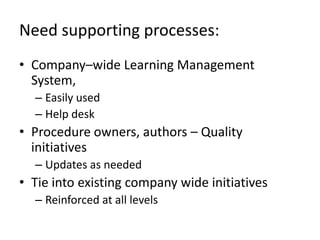Need Messaging:Overall messaging to outline expectationsFrom Senior ExecutivesRe-inforced by middle managementSupervisors offer recognition for complianceAvailable on line to employeesHow to complete procedure courseworkOutline importance and consequencesTied into Company processes eg. Orientation, Use available company communication toolsLive-Link announcements