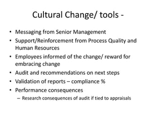 Need supporting processes:Company–wide Learning Management System,Easily usedHelp deskProcedure owners, authors – Quality initiativesUpdates as neededTie into existing company wide initiativesReinforced at all levels