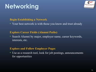 Networking
Begin Establishing a Network
• Your best network is with those you know and trust already
Explore Career Fields (Alumni Paths)
• Search Alumni by major, employer name, career keywords,
interests, etc.
Explore and Follow Employer Pages
• Use as a research tool, look for job postings, announcements
for opportunities
24
 