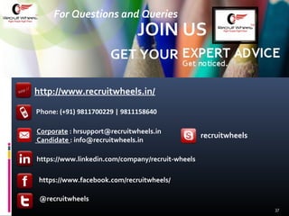 Phone: (+91) 9811700229 | 9811158640
http://www.recruitwheels.in/
recruitwheels
https://www.linkedin.com/company/recruit-wheels
https://www.facebook.com/recruitwheels/
GET YOUR
JOIN US
37
@recruitwheels
For Questions and Queries
Corporate : hrsupport@recruitwheels.in
Candidate : info@recruitwheels.in
 