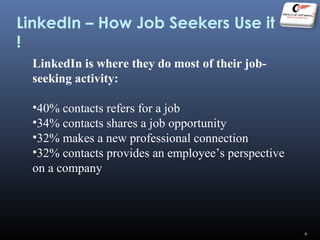 LinkedIn – How Job Seekers Use it
!
LinkedIn is where they do most of their job-
seeking activity:
•40% contacts refers for a job
•34% contacts shares a job opportunity
•32% makes a new professional connection
•32% contacts provides an employee’s perspective
on a company
4
 