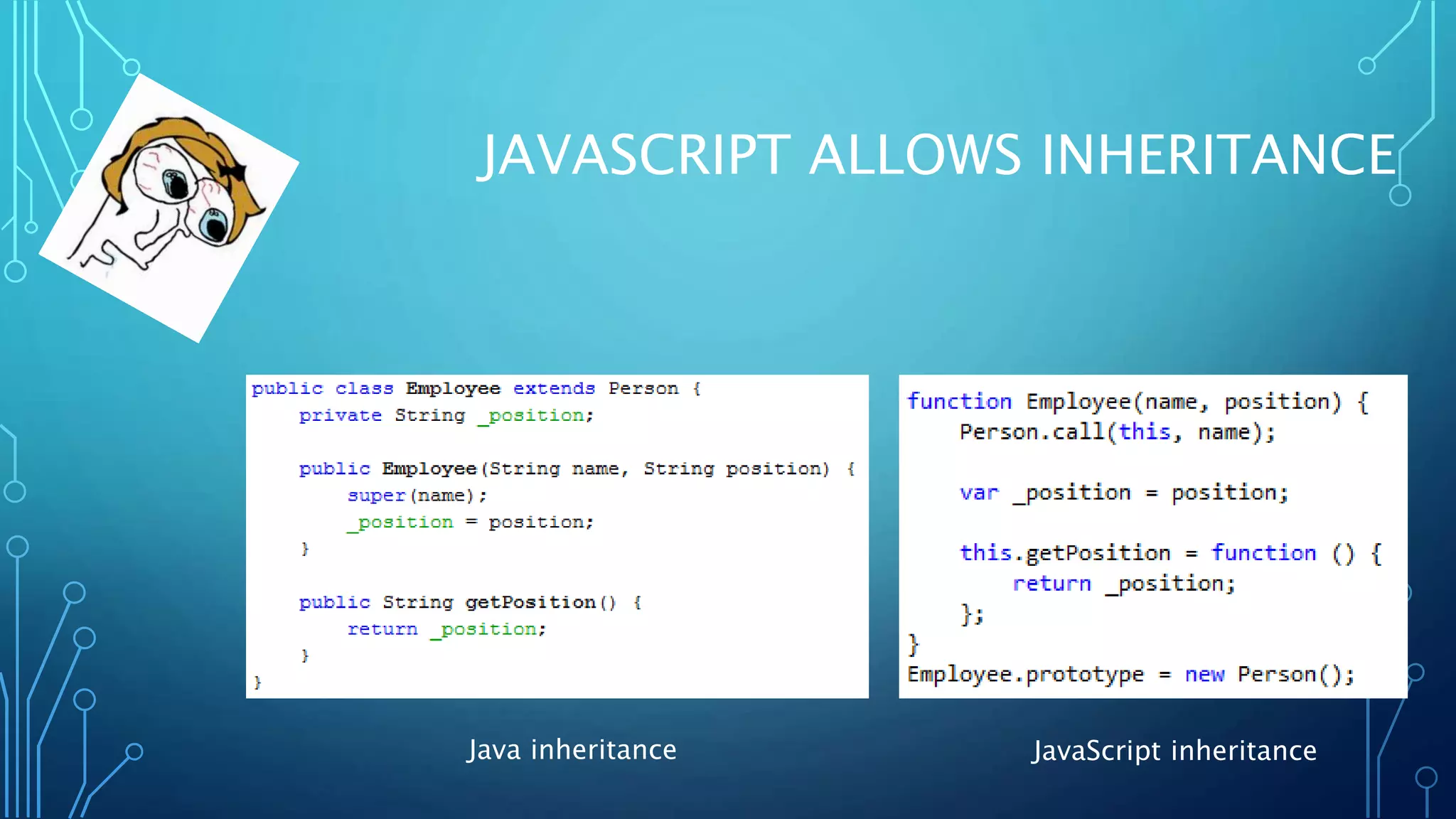 JAVASCRIPT ALLOWS INHERITANCE Java inheritance JavaScript inheritance 