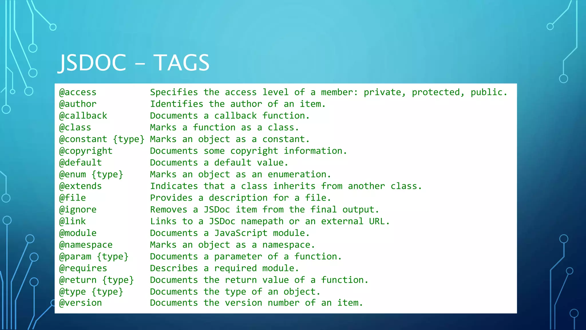 JSDOC - TAGS @access Specifies the access level of a member: private, protected, public. @author Identifies the author of an item. @callback Documents a callback function. @class Marks a function as a class. @constant {type} Marks an object as a constant. @copyright Documents some copyright information. @default Documents a default value. @enum {type} Marks an object as an enumeration. @extends Indicates that a class inherits from another class. @file Provides a description for a file. @ignore Removes a JSDoc item from the final output. @link Links to a JSDoc namepath or an external URL. @module Documents a JavaScript module. @namespace Marks an object as a namespace. @param {type} Documents a parameter of a function. @requires Describes a required module. @return {type} Documents the return value of a function. @type {type} Documents the type of an object. @version Documents the version number of an item. 