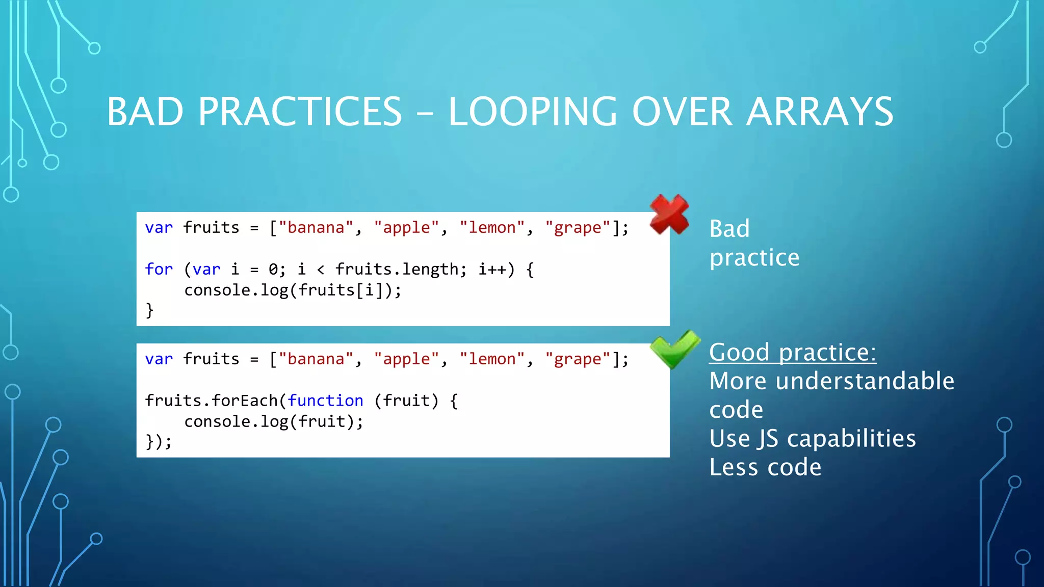 BAD PRACTICES – LOOPING OVER ARRAYS Bad practice var fruits = ["banana", "apple", "lemon", "grape"]; for (var i = 0; i < fruits.length; i++) { console.log(fruits[i]); } var fruits = ["banana", "apple", "lemon", "grape"]; fruits.forEach(function (fruit) { console.log(fruit); }); Good practice: More understandable code Use JS capabilities Less code 