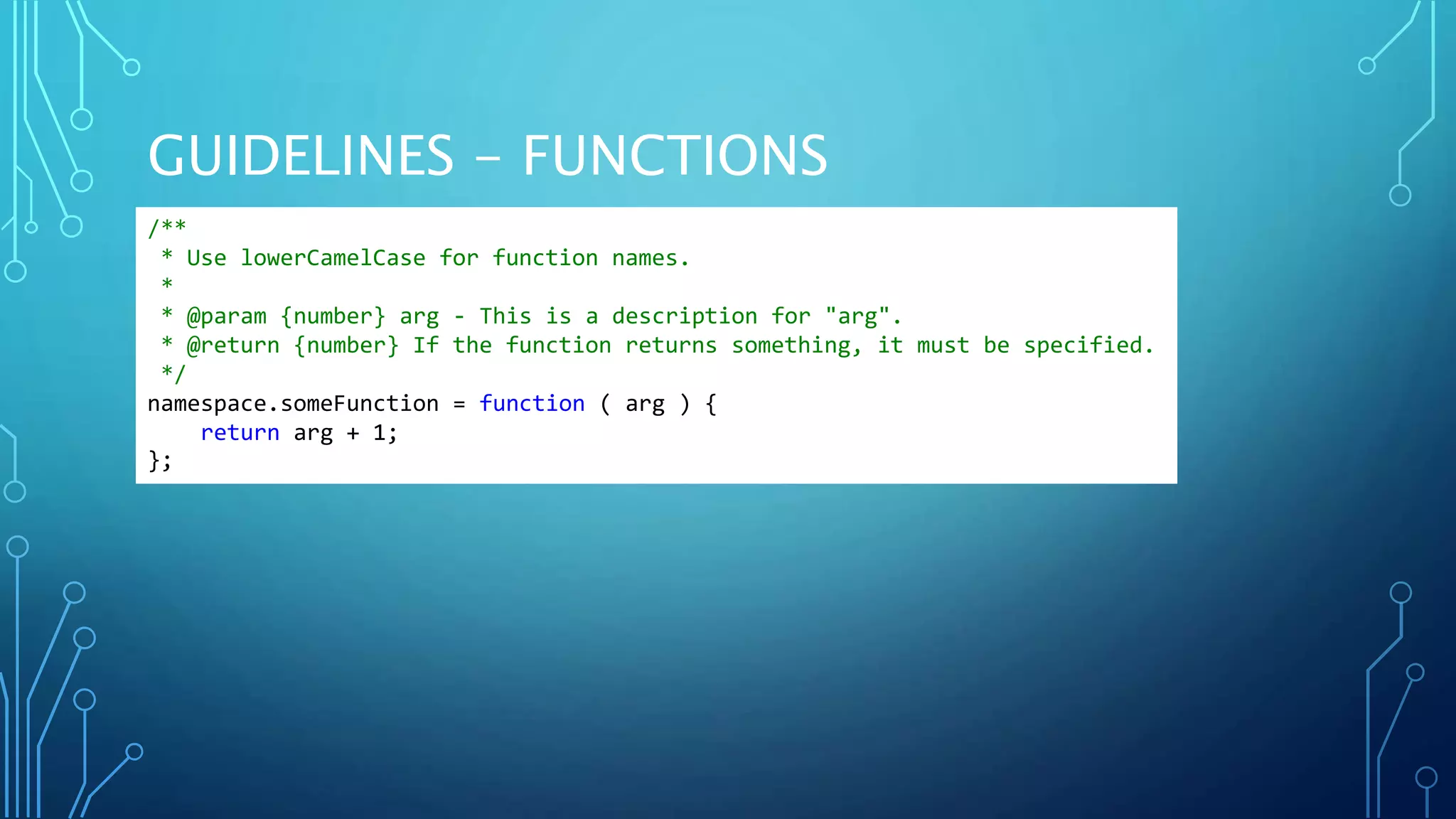 GUIDELINES - FUNCTIONS /** * Use lowerCamelCase for function names. * * @param {number} arg - This is a description for "arg". * @return {number} If the function returns something, it must be specified. */ namespace.someFunction = function ( arg ) { return arg + 1; }; 