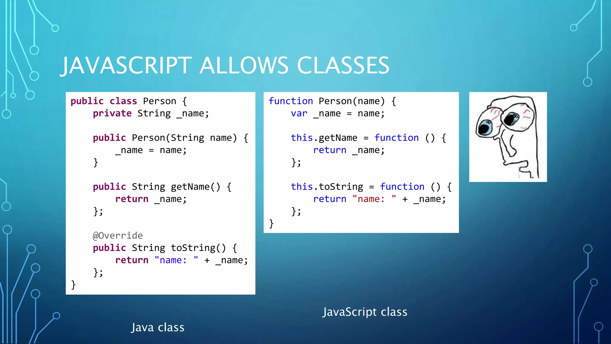 JAVASCRIPT ALLOWS CLASSES Java class JavaScript class public class Person { private String _name; public Person(String name) { _name = name; } public String getName() { return _name; }; @Override public String toString() { return "name: " + _name; }; } function Person(name) { var _name = name; this.getName = function () { return _name; }; this.toString = function () { return "name: " + _name; }; } 