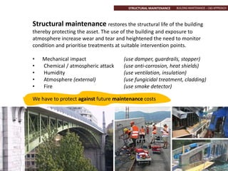 BUILDING MAINTENANCE – C&S APPROACHSTRUCTURAL MAINTENANCE
Structural maintenance restores the structural life of the building
thereby protecting the asset. The use of the building and exposure to
atmosphere increase wear and tear and heightened the need to monitor
condition and prioritise treatments at suitable intervention points.
• Mechanical impact (use damper, guardrails, stopper)
• Chemical / atmospheric attack (use anti-corrosion, heat shields)
• Humidity (use ventilation, insulation)
• Atmosphere (external) (use fungicidal treatment, cladding)
• Fire (use smoke detector)
We have to protect against future maintenance costs
 