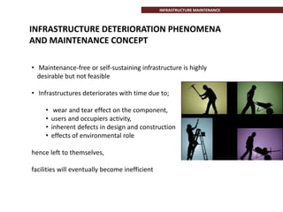 INFRASTRUCTURE MAINTENANCE
INFRASTRUCTURE DETERIORATION PHENOMENA
AND MAINTENANCE CONCEPT
• Maintenance-free or self-sustaining infrastructure is highly
desirable but not feasible
• Infrastructures deteriorates with time due to;
• wear and tear effect on the component,
• users and occupiers activity,
• inherent defects in design and construction
• effects of environmental role
hence left to themselves,
facilities will eventually become inefficient
 
