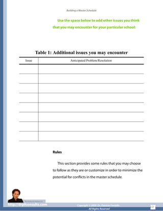 Building a Master Schedule
Use the space below to add other issues you think
that you may encounter for your particular school:
Rules
This section provides some rules that you may choose
to follow as they are or customize in order to minimize the
potential for conflicts in the master schedule.
Table 1: Additional issues you may encounter
Issue Anticipated Problem/Resolution
http://drpfconsults.com Copyright © 2009 Dr. Patricia Fioriellohttp://drpfconsults.com Copyright © 2009 Dr. Patricia Fioriello
All Rights Reserved
12
 