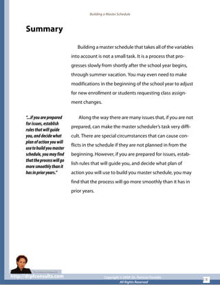Building a Master Schedule
Summary
Building a master schedule that takes all of the variables
into account is not a small task. It is a process that pro-
gresses slowly from shortly after the school year begins,
through summer vacation. You may even need to make
modifications in the beginning of the school year to adjust
for new enrollment or students requesting class assign-
ment changes.
“...ifyouareprepared
forissues,establish
rulesthatwillguide
you,anddecidewhat
planofactionyouwill
usetobuildyoumaster
schedule,youmayfind
thattheprocesswillgo
moresmoothlythanit
hasinprioryears.”
Along the way there are many issues that, if you are not
prepared, can make the master scheduler’s task very diffi-
cult. There are special circumstances that can cause con-
flicts in the schedule if they are not planned in from the
beginning. However, if you are prepared for issues, estab-
lish rules that will guide you, and decide what plan of
action you will use to build you master schedule, you may
find that the process will go more smoothly than it has in
prior years.
http://drpfconsults.com Copyright © 2009 Dr. Patricia Fioriellohttp://drpfconsults.com Copyright © 2009 Dr. Patricia Fioriello
All Rights Reserved
18
 