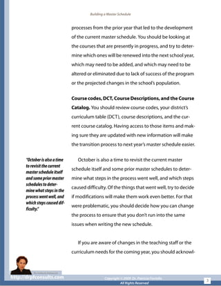 Building a Master Schedule
processes from the prior year that led to the development
of the current master schedule. You should be looking at
the courses that are presently in progress, and try to deter-
mine which ones will be renewed into the next school year,
which may need to be added, and which may need to be
altered or eliminated due to lack of success of the program
or the projected changes in the school’s population.
Course codes, DCT, Course Descriptions, and the Course
Catalog. You should review course codes, your district’s
curriculum table (DCT), course descriptions, and the cur-
rent course catalog. Having access to those items and mak-
ing sure they are updated with new information will make
the transition process to next year’s master schedule easier.
“Octoberisalsoatime
torevisitthecurrent
masterscheduleitself
andsomepriormaster
schedulestodeter-
minewhatstepsinthe
processwentwell,and
whichstepscauseddif-
ficulty.“
October is also a time to revisit the current master
schedule itself and some prior master schedules to deter-
mine what steps in the process went well, and which steps
caused difficulty. Of the things that went well, try to decide
if modifications will make them work even better. For that
were problematic, you should decide how you can change
the process to ensure that you don’t run into the same
issues when writing the new schedule.
If you are aware of changes in the teaching staff or the
curriculum needs for the coming year, you should acknowl-
http://drpfconsults.com Copyright © 2009 Dr. Patricia Fioriellohttp://drpfconsults.com Copyright © 2009 Dr. Patricia Fioriello
All Rights Reserved
3
 
