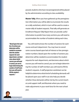 Building a Master Schedule
passed, students who have not preregistered will be placed
by the administration according to class availability.
Master Tally. When you have gathered up the preregistra-
tion information you will be able to enumerate the results
on a tally worksheet, which in turn will be used to create a
master tally of student requests. That tally will generate an
Enrollment Request Tally Report that can provide useful
information to predict how many sections you will need to
accommodate the number of students taking each class.
“Baseduponthenum-
berofsectionsyou
determinewillbe
neededtoaccommo-
datethestudent
requestsforeach
department,anddeci-
sionsaboutwhich
coursesyouwillneed
tocancel,youcanto
begindeterminingthe
numberofstaffmem-
bersyouwillneedto
fillthestudent’s
requests.”
You will need to know the number of sections for each
course and each department. You may have to cancel
some courses based upon lack of interest or low preregis-
tration numbers. Based upon the number of sections you
determine will be needed to accommodate the student
requests for each department, and decisions about which
courses you will need to cancel, you can to begin determin-
ing the number of staff members you will need to fill the
student’s requests. A staff projection worksheet can be
helpful to determine what kind of scheduling demands will
be placed upon your staff. It can also help you decide
whether those demands will be met by the current teach-
ers and support staff, and illustrate where you need to
make adjustments in your work force for the next school
year.
http://drpfconsults.com Copyright © 2009 Dr. Patricia Fioriellohttp://drpfconsults.com Copyright © 2009 Dr. Patricia Fioriello
All Rights Reserved
5
 