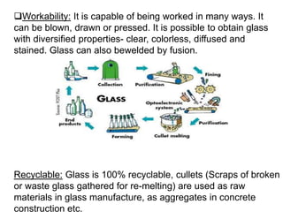 Workability: It is capable of being worked in many ways. It
can be blown, drawn or pressed. It is possible to obtain glass
with diversified properties- clear, colorless, diffused and
stained. Glass can also bewelded by fusion.
Recyclable: Glass is 100% recyclable, cullets (Scraps of broken
or waste glass gathered for re-melting) are used as raw
materials in glass manufacture, as aggregates in concrete
construction etc.
 