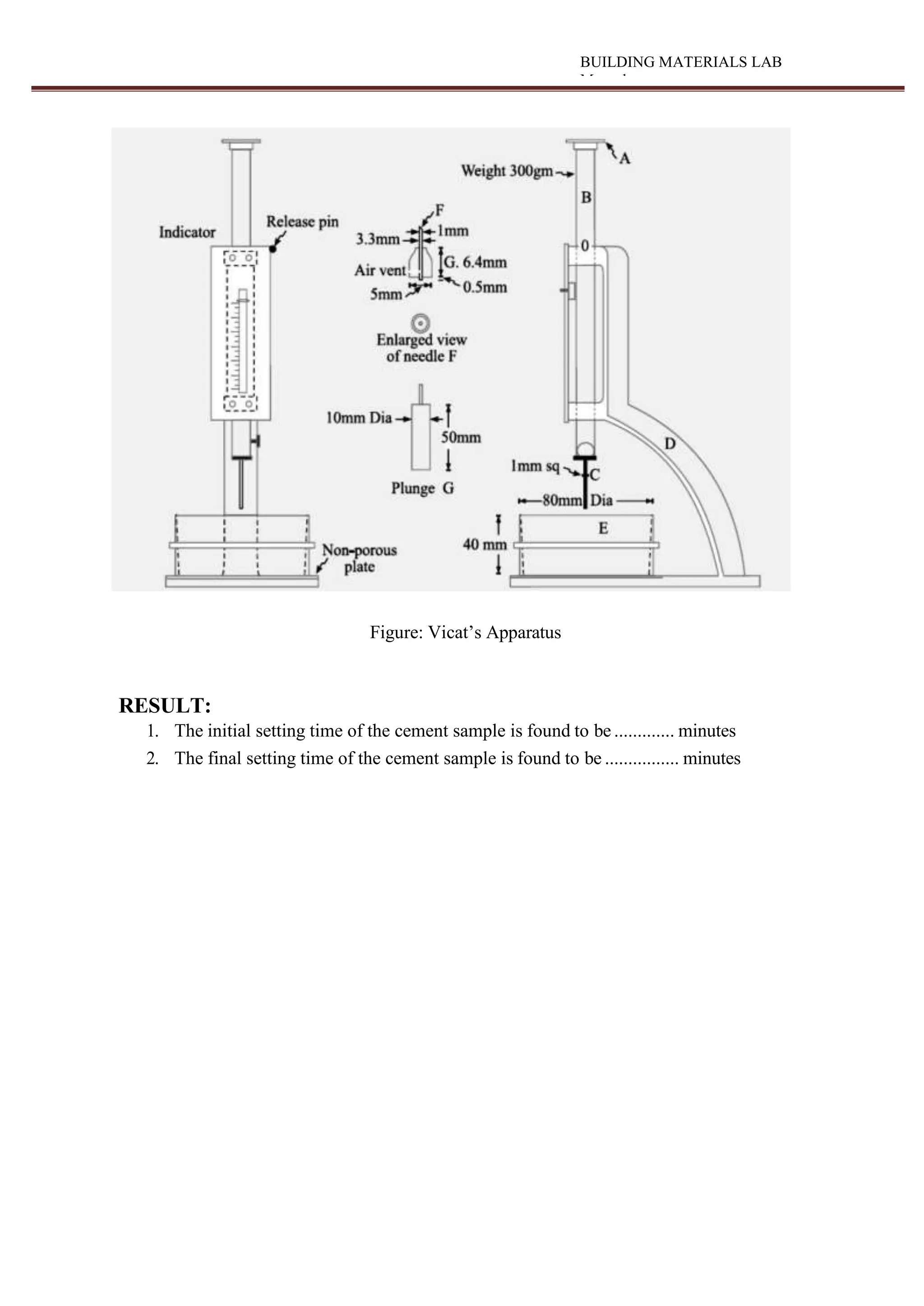 BUILDING MATERIALS LAB
Manual
Figure: Vicat’s Apparatus
RESULT:
1. The initial setting time of the cement sample is found to be ............. minutes
2. The final setting time of the cement sample is found to be ................ minutes
 