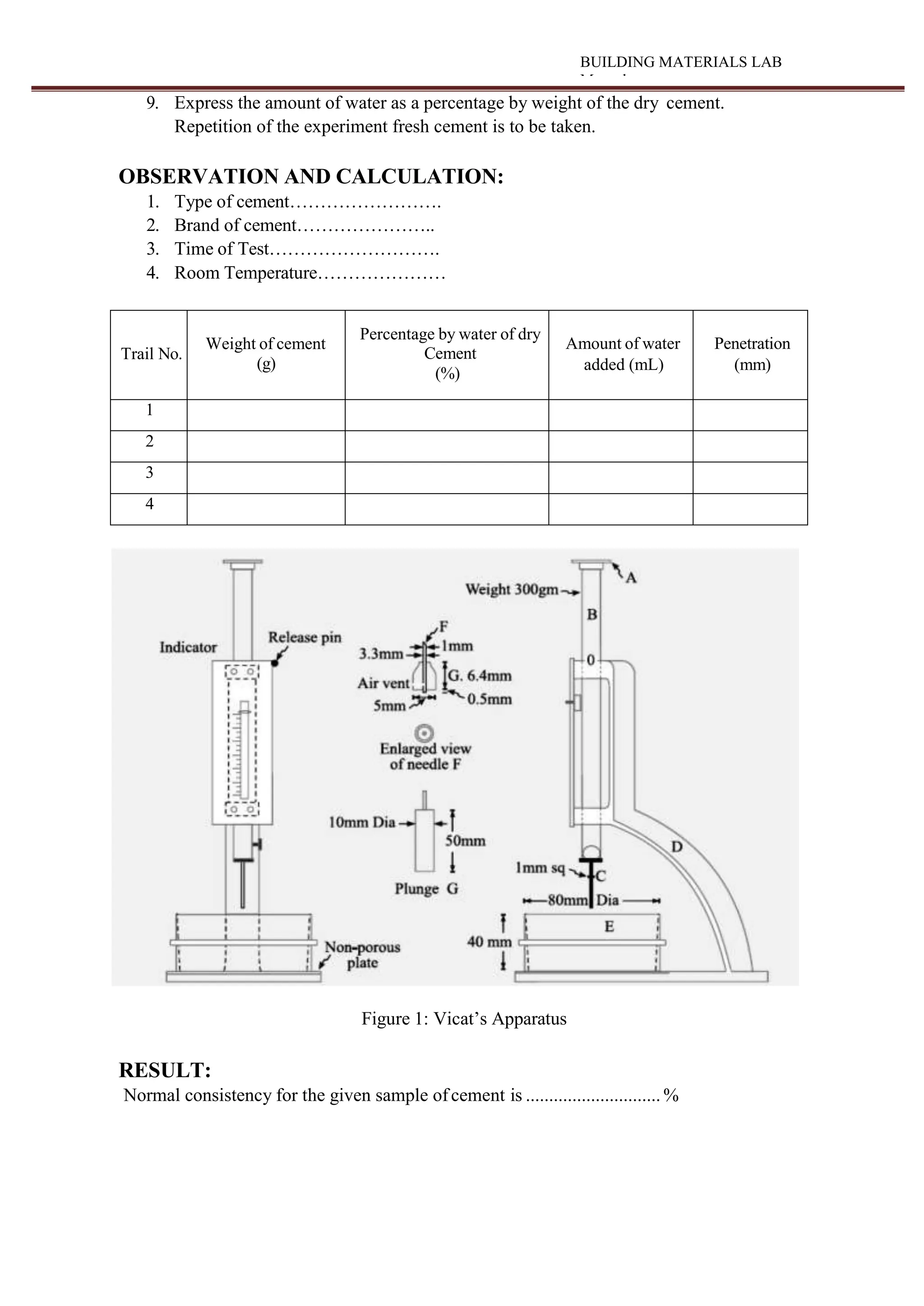 BUILDING MATERIALS LAB
Manual
9. Express the amount of water as a percentage by weight of the dry cement.
Repetition of the experiment fresh cement is to be taken.
OBSERVATION AND CALCULATION:
1. Type of cement…………………….
2. Brand of cement…………………..
3. Time of Test……………………….
4. Room Temperature…………………
Trail No.
Weight of cement
(g)
Percentage by water of dry
Cement
(%)
Amount of water
added (mL)
Penetration
(mm)
1
2
3
4
Figure 1: Vicat’s Apparatus
RESULT:
Normal consistency for the given sample ofcement is ............................. %
 