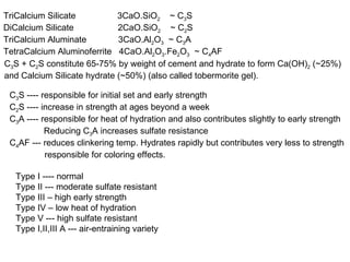 TriCalcium Silicate  3CaO.SiO 2   ~ C 3 S DiCalcium Silicate  2CaO.SiO 2   ~ C 2 S TriCalcium Aluminate  3CaO.Al 2 O 3   ~ C 3 A TetraCalcium Aluminoferrite  4CaO.Al 2 O 3 .Fe 2 O 3   ~ C 4 AF C 3 S + C 2 S constitute 65-75% by weight of cement and hydrate to form Ca(OH) 2  (~25%)  and Calcium Silicate hydrate (~50%) (also called tobermorite gel). C 3 S ---- responsible for initial set and early strength C 2 S ---- increase in strength at ages beyond a week C 3 A ---- responsible for heat of hydration and also contributes slightly to early strength Reducing C 3 A increases sulfate resistance C 4 AF --- reduces clinkering temp. Hydrates rapidly but contributes very less to strength responsible for coloring effects. Type I ---- normal Type II --- moderate sulfate resistant Type III – high early strength Type IV – low heat of hydration Type V --- high sulfate resistant Type I,II,III A --- air-entraining variety 