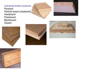 Industrial timber products :  Plywood  Particle board (chipboard) Hardboard Fiberboard Blockboard Glulam 