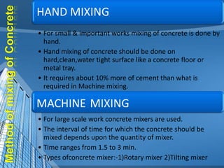 HAND MIXING
• For small & important works mixing of concrete is done by
hand.
• Hand mixing of concrete should be done on
hard,clean,water tight surface like a concrete floor or
metal tray.
• It requires about 10% more of cement than what is
required in Machine mixing.

MACHINE MIXING
• For large scale work concrete mixers are used.
• The interval of time for which the concrete should be
mixed depends upon the quantity of mixer.
• Time ranges from 1.5 to 3 min.
• Types ofconcrete mixer:-1)Rotary mixer 2)Tilting mixer

 