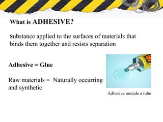What is Asbestos
What is ADHESIVE?
Substance applied to the surfaces of materials that
binds them together and resists separation
Adhesive outside a tube
Adhesive = Glue
Raw materials = Naturally occurring
and synthetic
 