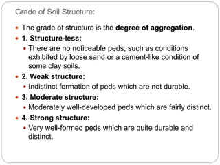 Grade of Soil Structure:
 The grade of structure is the degree of aggregation.
 1. Structure-less:
 There are no noticeable peds, such as conditions
exhibited by loose sand or a cement-like condition of
some clay soils.
 2. Weak structure:
 Indistinct formation of peds which are not durable.
 3. Moderate structure:
 Moderately well-developed peds which are fairly distinct.
 4. Strong structure:
 Very well-formed peds which are quite durable and
distinct.
 