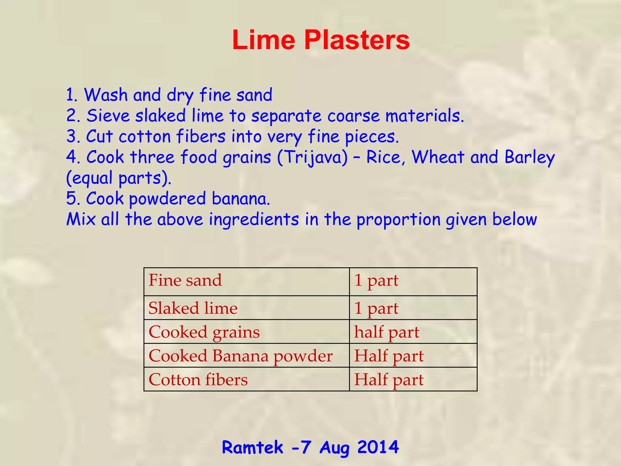 Lime Plasters
1. Wash and dry fine sand
2. Sieve slaked lime to separate coarse materials.
3. Cut cotton fibers into very fine pieces.
4. Cook three food grains (Trijava) – Rice, Wheat and Barley
(equal parts).
5. Cook powdered banana.
Mix all the above ingredients in the proportion given below
Fine sand 1 part
Slaked lime 1 part
Cooked grains half part
Cooked Banana powder Half part
Cotton fibers Half part
Ramtek -7 Aug 2014
 