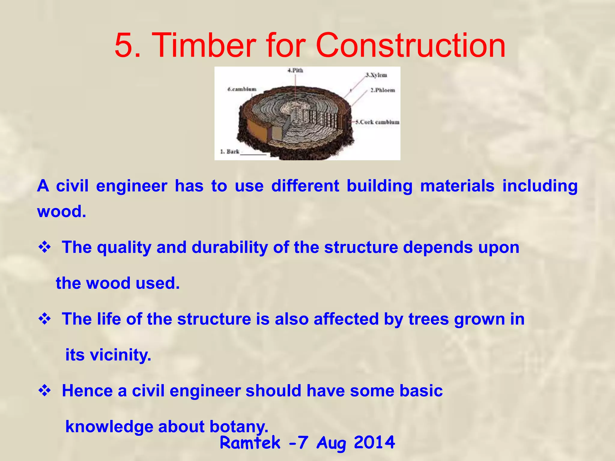A civil engineer has to use different building materials including
wood.
 The quality and durability of the structure depends upon
the wood used.
 The life of the structure is also affected by trees grown in
its vicinity.
 Hence a civil engineer should have some basic
knowledge about botany.
5. Timber for Construction
Ramtek -7 Aug 2014
 